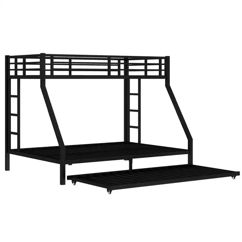 Twin XL Over Queen Metal Bunk Bed with Trundle, Heavy Duty Bed Frame, Ladders & Guardrails, Noise-Free, Black