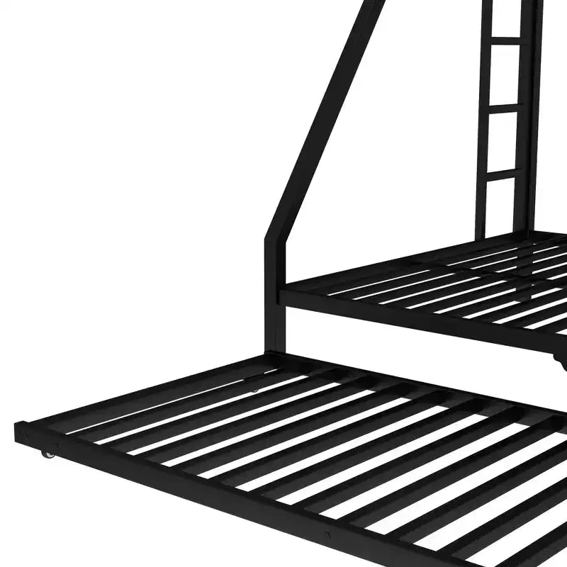 Twin XL Over Queen Metal Bunk Bed with Trundle, Heavy Duty Bed Frame, Ladders & Guardrails, Noise-Free, Black