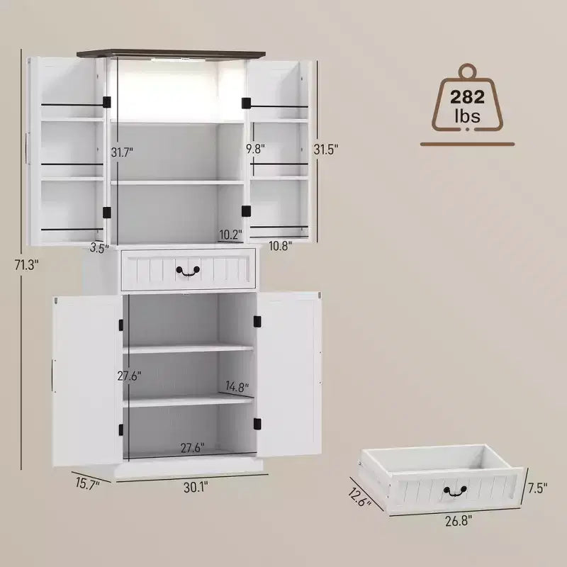 71 LED Kitchen Pantry Cabinet, Farmhouse Storage Cabinet with Door Shelves