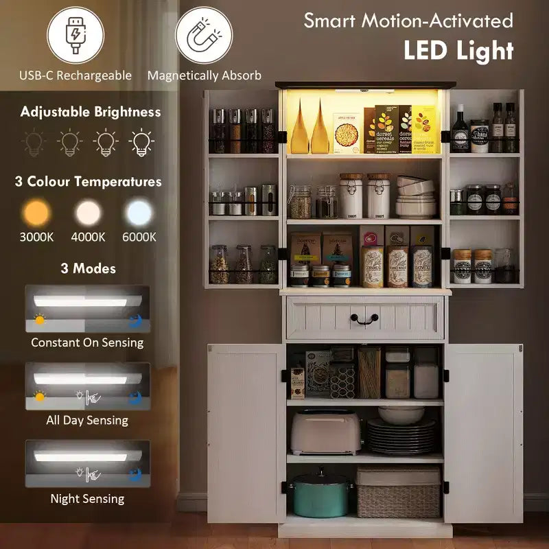 71 LED Kitchen Pantry Cabinet, Farmhouse Storage Cabinet with Door Shelves