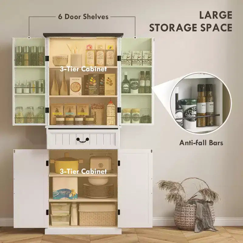 71 LED Kitchen Pantry Cabinet, Farmhouse Storage Cabinet with Door Shelves