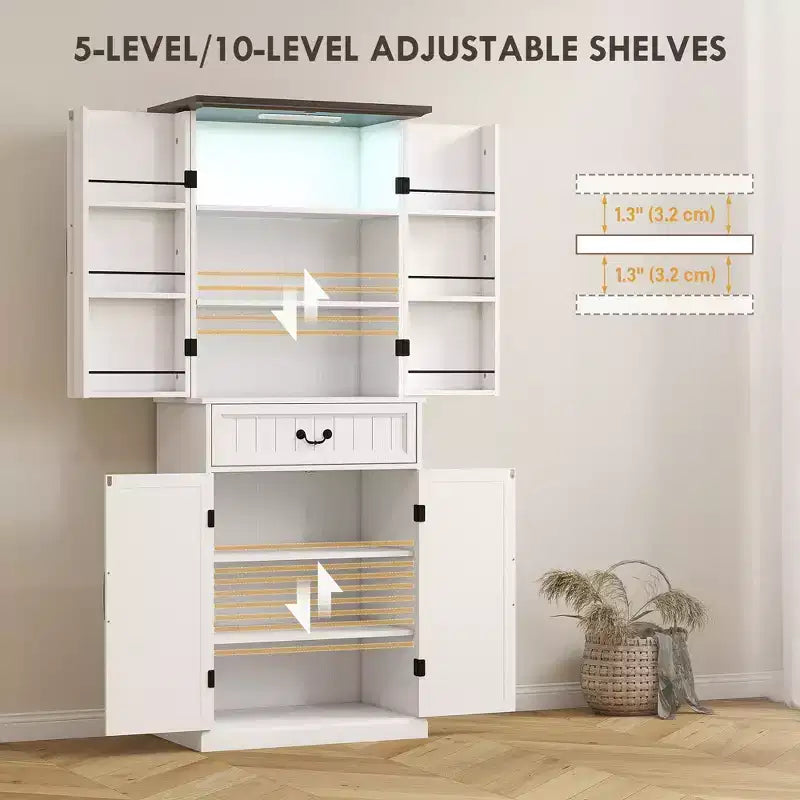 71 LED Kitchen Pantry Cabinet, Farmhouse Storage Cabinet with Door Shelves
