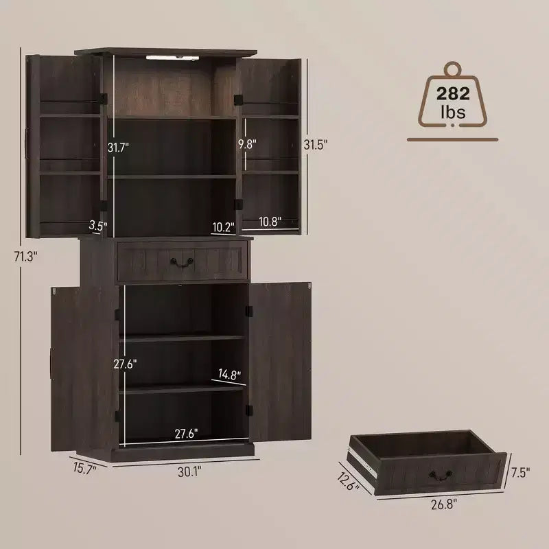71 LED Kitchen Pantry Cabinet, Farmhouse Storage Cabinet with Door Shelves