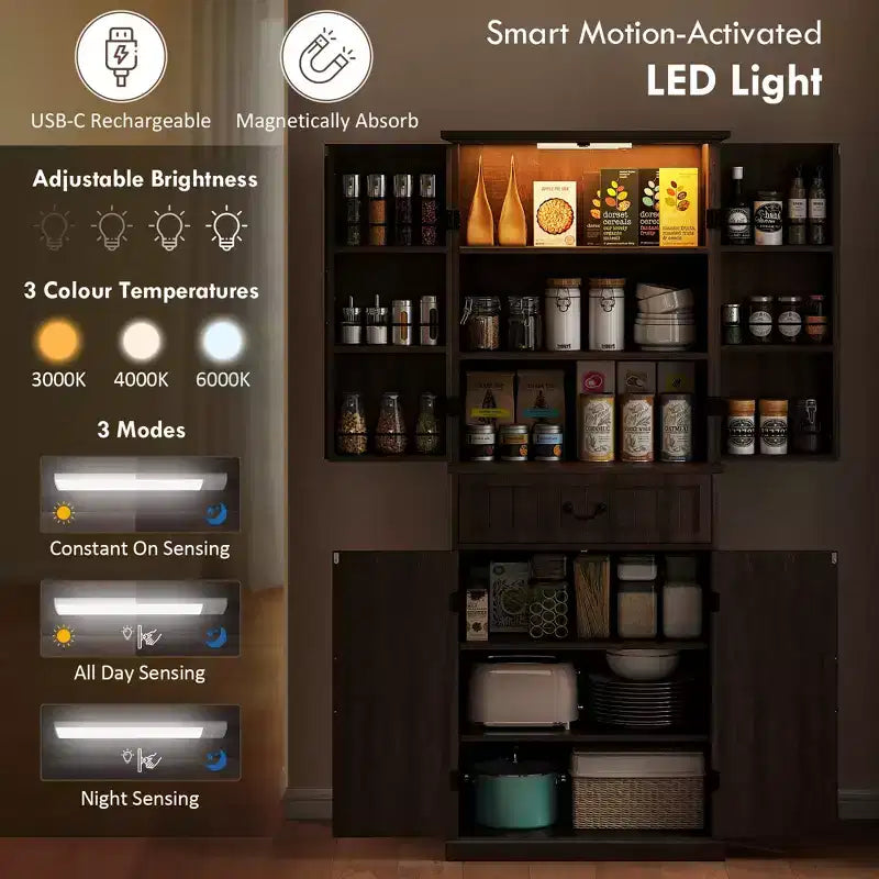 71 LED Kitchen Pantry Cabinet, Farmhouse Storage Cabinet with Door Shelves
