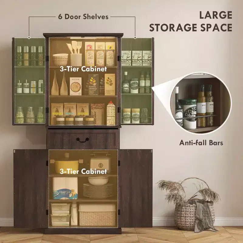 71 LED Kitchen Pantry Cabinet, Farmhouse Storage Cabinet with Door Shelves