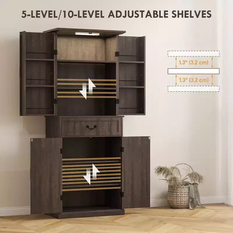 71 LED Kitchen Pantry Cabinet, Farmhouse Storage Cabinet with Door Shelves