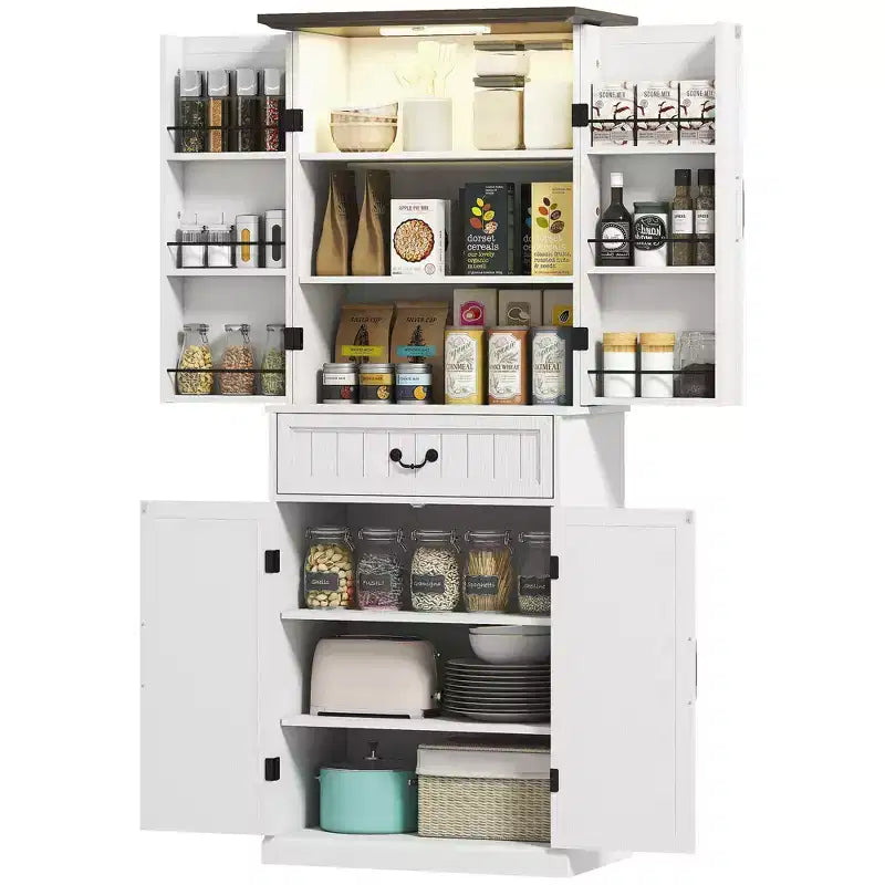 71 LED Kitchen Pantry Cabinet, Farmhouse Storage Cabinet with Door Shelves