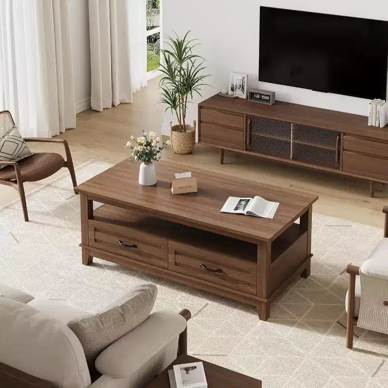 Farmhouse Coffee Table, 2 Drawers & Open Shelf, 47.24 Rectangular Center Table, Stable 6-Leg Structure
