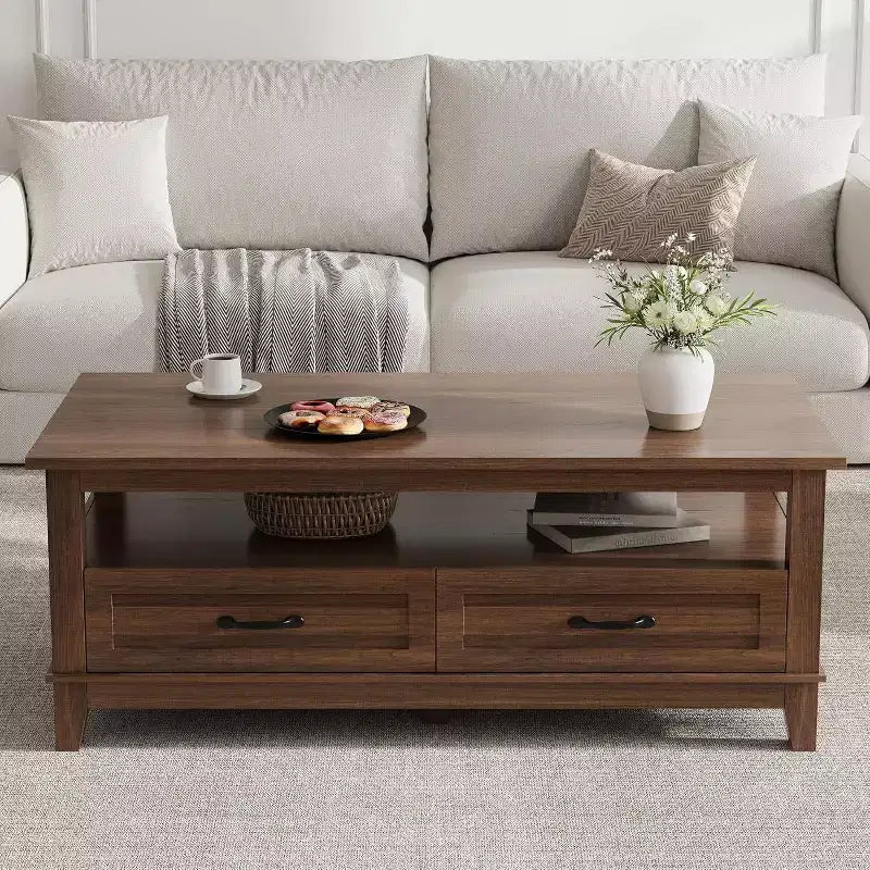 Farmhouse Coffee Table, 2 Drawers & Open Shelf, 47.24 Rectangular Center Table, Stable 6-Leg Structure