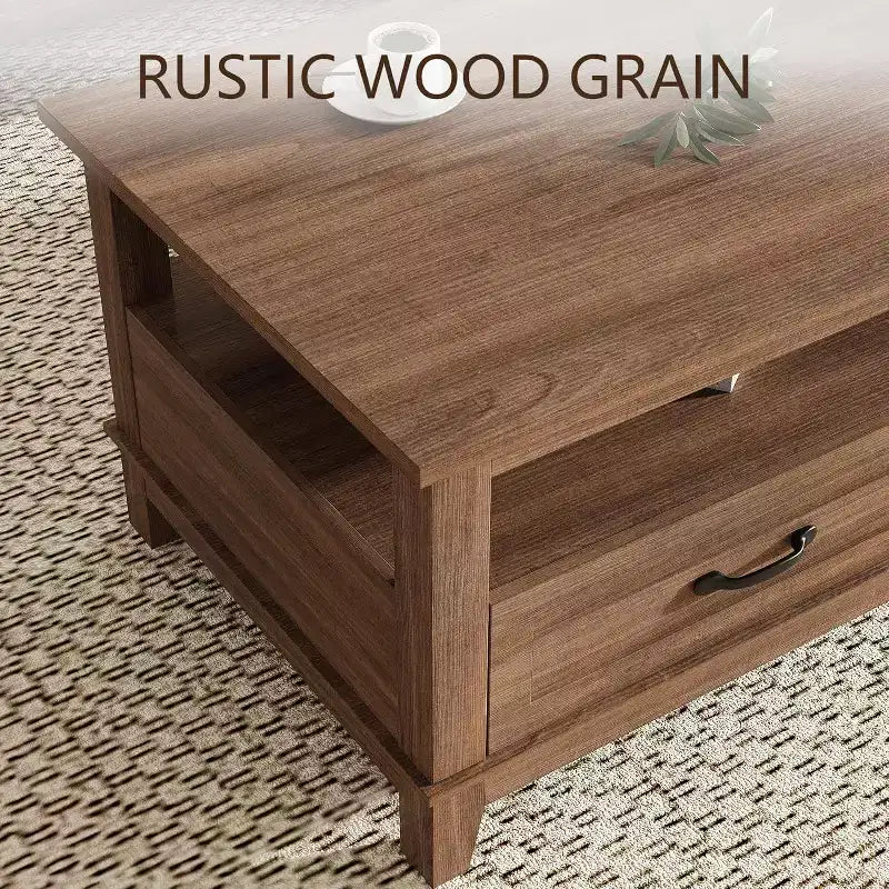 Farmhouse Coffee Table, 2 Drawers & Open Shelf, 47.24 Rectangular Center Table, Stable 6-Leg Structure