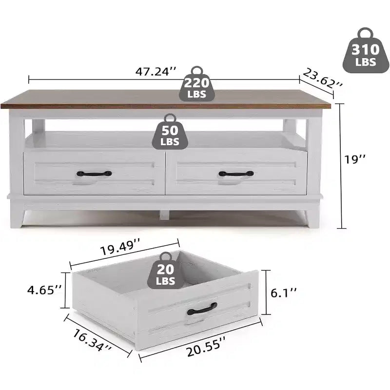 Farmhouse Coffee Table, 2 Drawers & Open Shelf, 47.24 Rectangular Center Table, Stable 6-Leg Structure