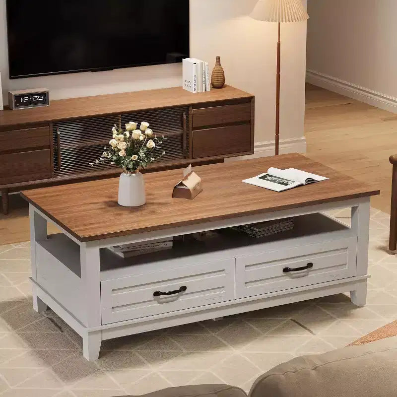 Farmhouse Coffee Table, 2 Drawers & Open Shelf, 47.24 Rectangular Center Table, Stable 6-Leg Structure