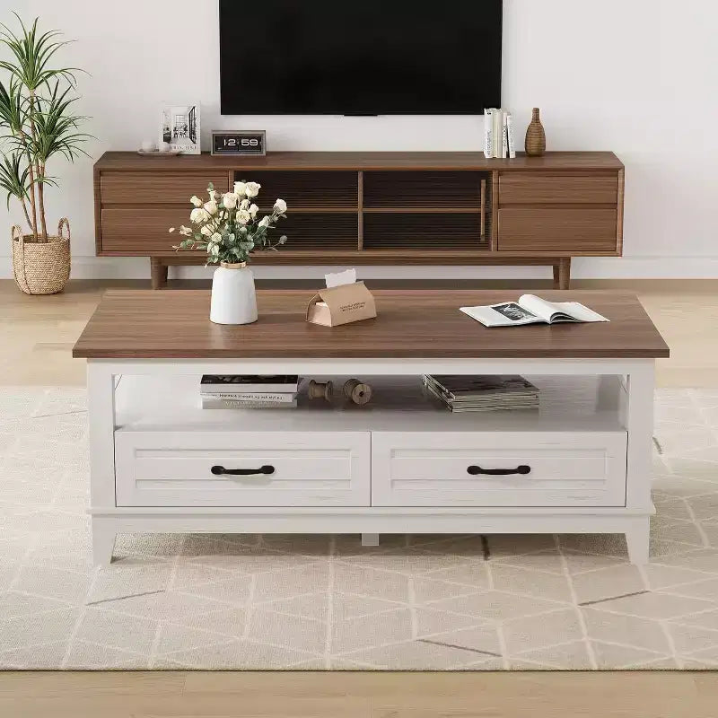 Farmhouse Coffee Table, 2 Drawers & Open Shelf, 47.24 Rectangular Center Table, Stable 6-Leg Structure