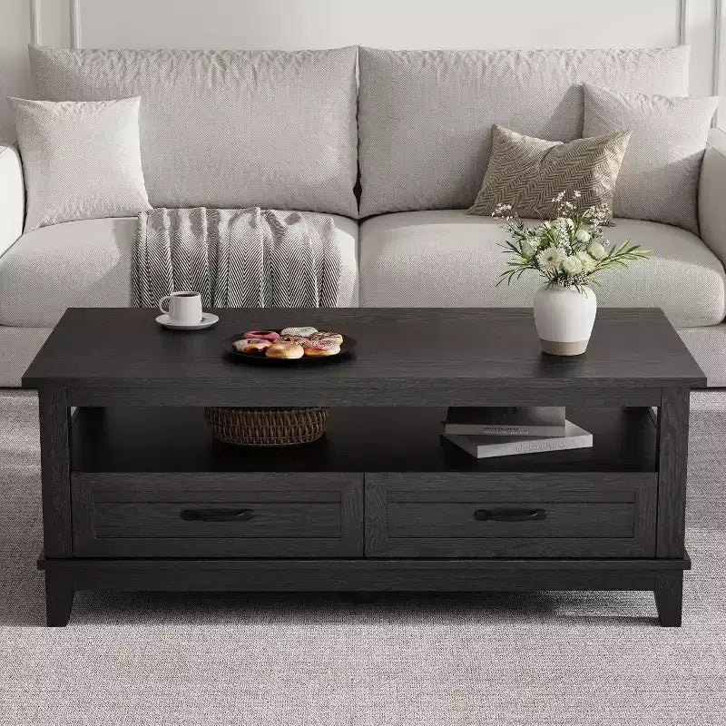 Farmhouse Coffee Table, 2 Drawers & Open Shelf, 47.24 Rectangular Center Table, Stable 6-Leg Structure