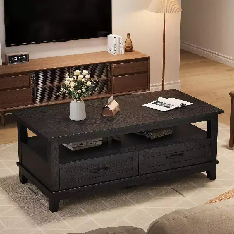 Farmhouse Coffee Table, 2 Drawers & Open Shelf, 47.24 Rectangular Center Table, Stable 6-Leg Structure