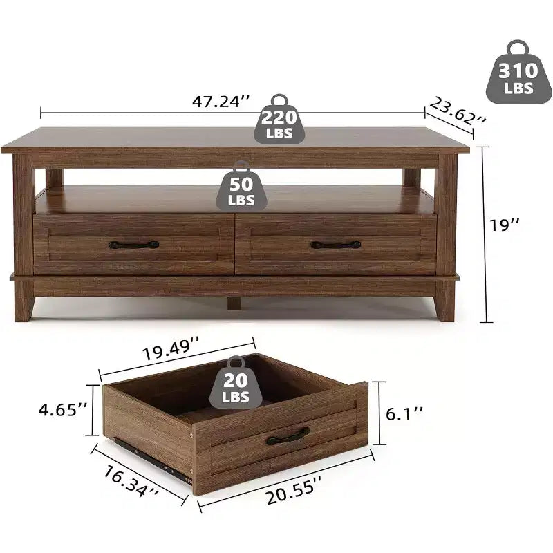 Farmhouse Coffee Table, 2 Drawers & Open Shelf, 47.24 Rectangular Center Table, Stable 6-Leg Structure