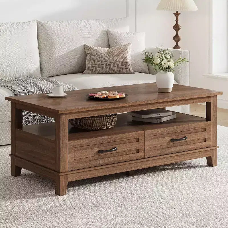 Farmhouse Coffee Table, 2 Drawers & Open Shelf, 47.24 Rectangular Center Table, Stable 6-Leg Structure
