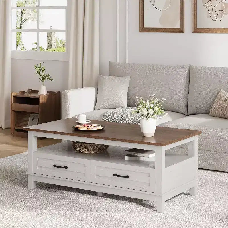 Farmhouse Coffee Table, 2 Drawers & Open Shelf, 47.24 Rectangular Center Table, Stable 6-Leg Structure
