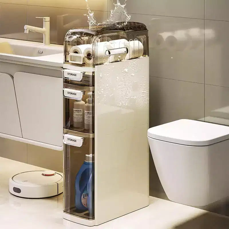 Slim Bathroom Storage Cabinet 4 Tier, Narrow Bathroom Cabinet with Drawers & Tissue Box, Plastic Waterproof Thin Storage Box for Narrow Spaces Kitchen