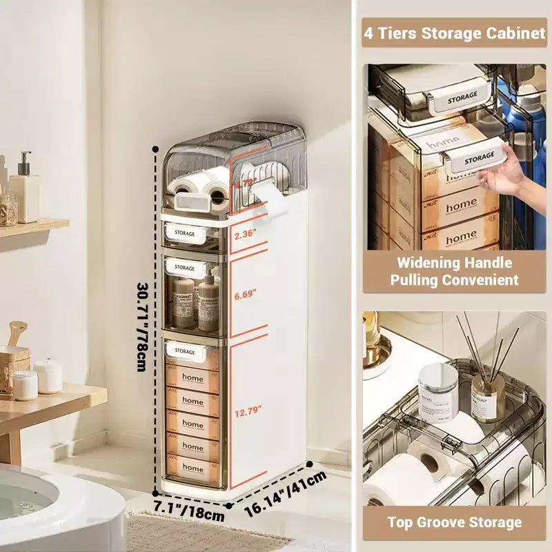 Slim Bathroom Storage Cabinet 4 Tier, Narrow Bathroom Cabinet with Drawers & Tissue Box, Plastic Waterproof Thin Storage Box for Narrow Spaces Kitchen