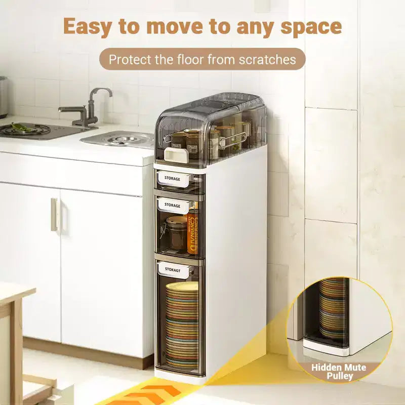 Slim Bathroom Storage Cabinet 4 Tier, Narrow Bathroom Cabinet with Drawers & Tissue Box, Plastic Waterproof Thin Storage Box for Narrow Spaces Kitchen