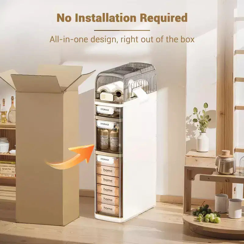 Slim Bathroom Storage Cabinet 4 Tier, Narrow Bathroom Cabinet with Drawers & Tissue Box, Plastic Waterproof Thin Storage Box for Narrow Spaces Kitchen