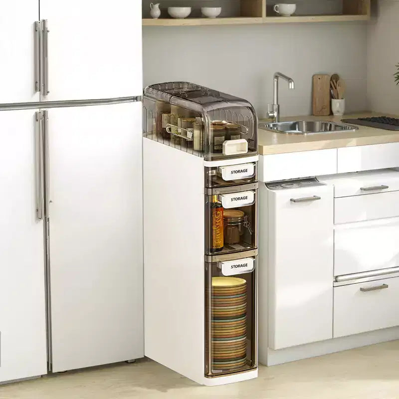 Slim Bathroom Storage Cabinet 4 Tier, Narrow Bathroom Cabinet with Drawers & Tissue Box, Plastic Waterproof Thin Storage Box for Narrow Spaces Kitchen