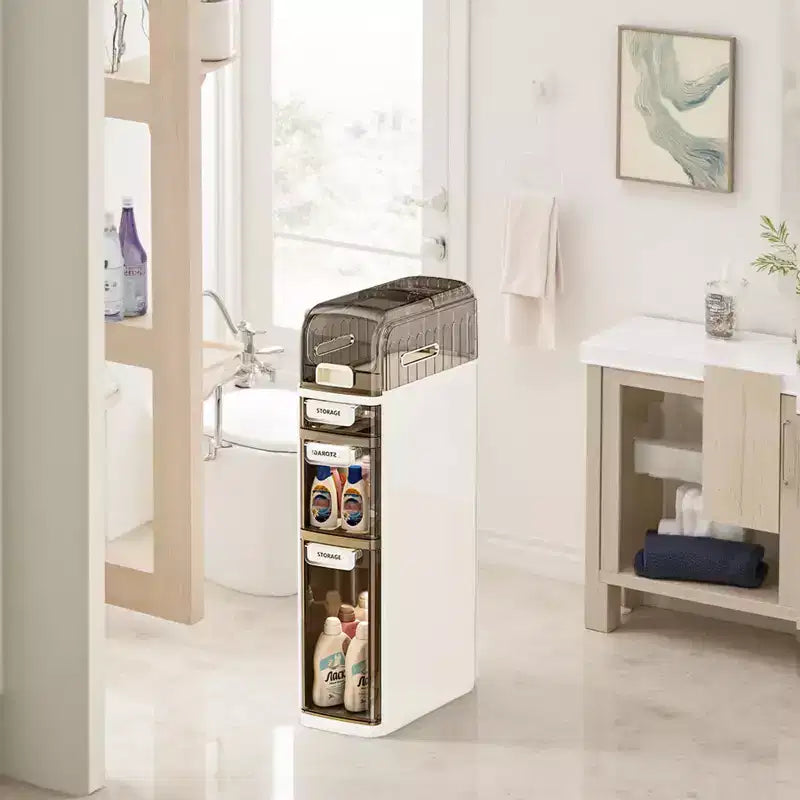 Slim Bathroom Storage Cabinet 4 Tier, Narrow Bathroom Cabinet with Drawers & Tissue Box, Plastic Waterproof Thin Storage Box for Narrow Spaces Kitchen