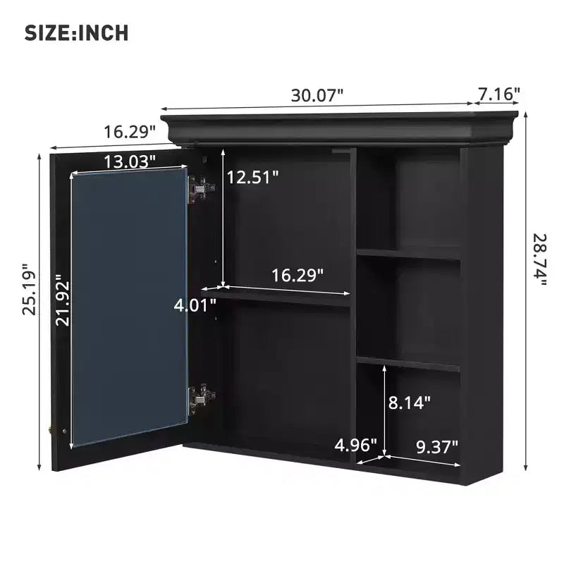 30 in. W x 28 in. H Rectangular MDF Medicine Cabinet with Mirror, Adjustable Shelf, Soft-closing Hinges, Open Shelves
