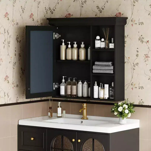 30 in. W x 28 in. H Rectangular MDF Medicine Cabinet with Mirror, Adjustable Shelf, Soft-closing Hinges, Open Shelves