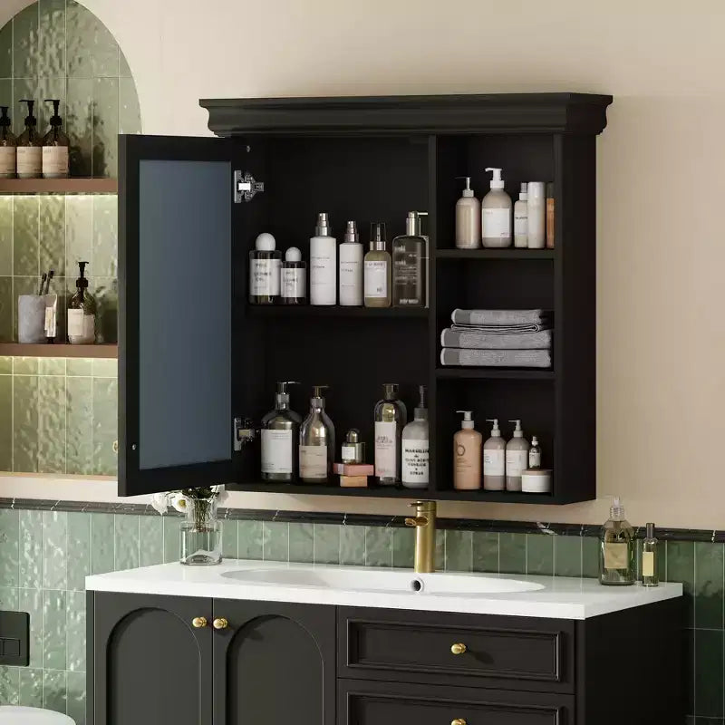 30 in. W x 28 in. H Rectangular MDF Medicine Cabinet with Mirror, Adjustable Shelf, Soft-closing Hinges, Open Shelves