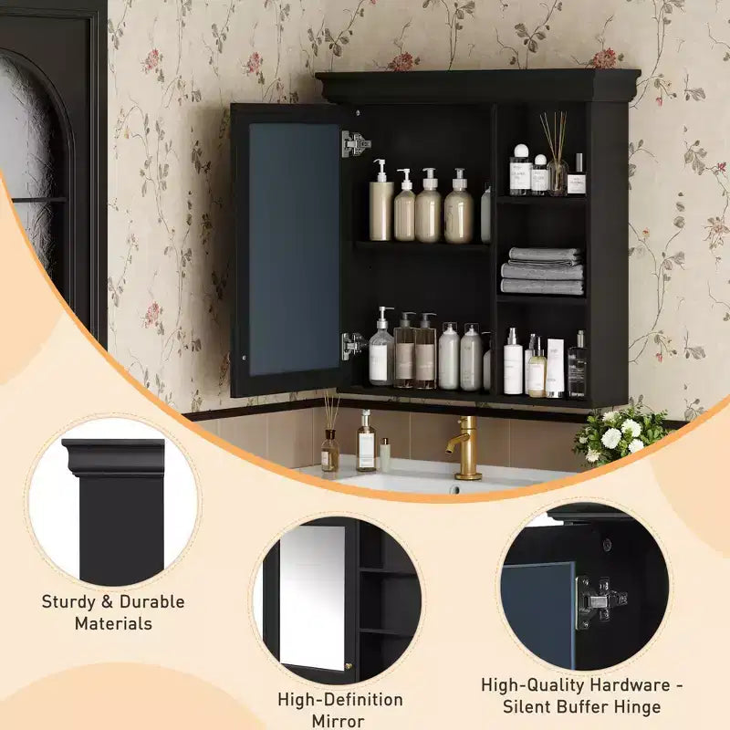 30 in. W x 28 in. H Rectangular MDF Medicine Cabinet with Mirror, Adjustable Shelf, Soft-closing Hinges, Open Shelves