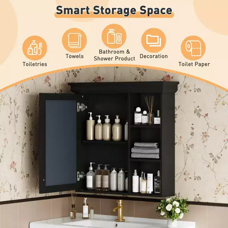 30 in. W x 28 in. H Rectangular MDF Medicine Cabinet with Mirror, Adjustable Shelf, Soft-closing Hinges, Open Shelves