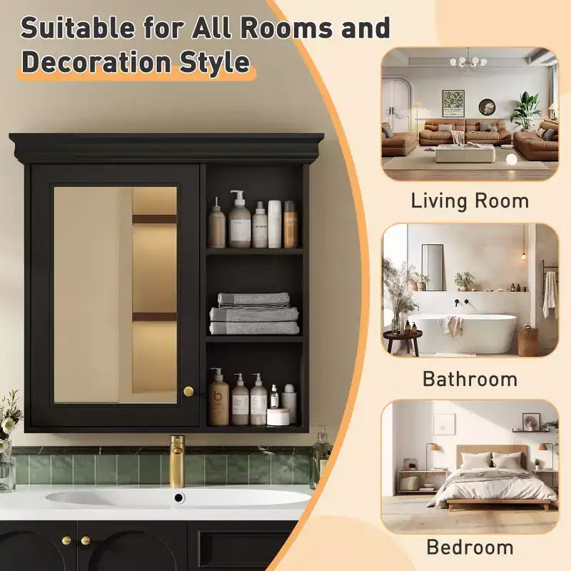 30 in. W x 28 in. H Rectangular MDF Medicine Cabinet with Mirror, Adjustable Shelf, Soft-closing Hinges, Open Shelves