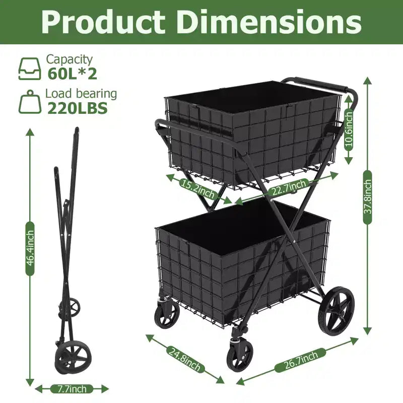 2-Tier Foldable Shopping Cart with Removable Baskets and 360 Swivel Wheels