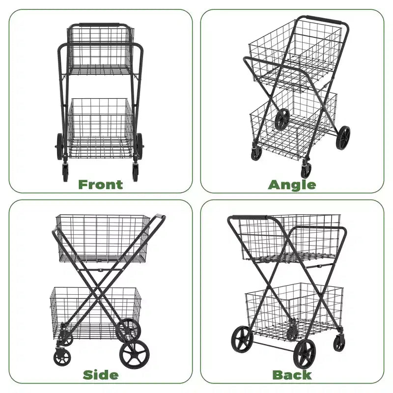 2-Tier Foldable Shopping Cart with Removable Baskets and 360 Swivel Wheels