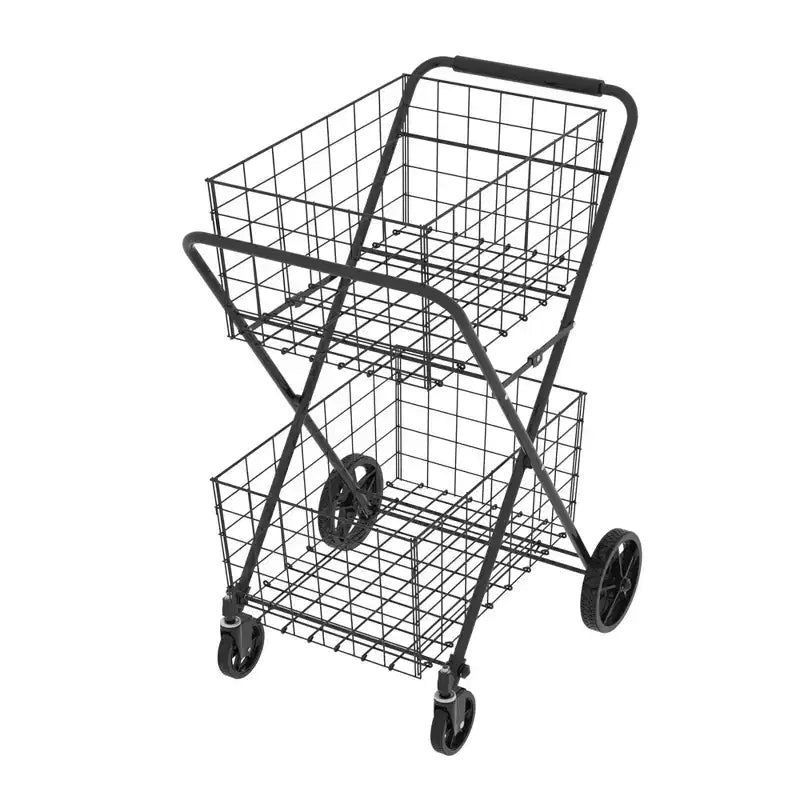 2-Tier Foldable Shopping Cart with Removable Baskets and 360 Swivel Wheels
