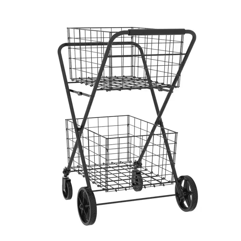 2-Tier Foldable Shopping Cart with Removable Baskets and 360 Swivel Wheels