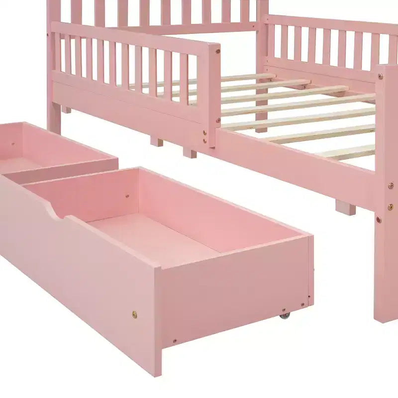Wood Platform Bed with Guardrails for Kids, Bed Frame with 2 Storage Drawers