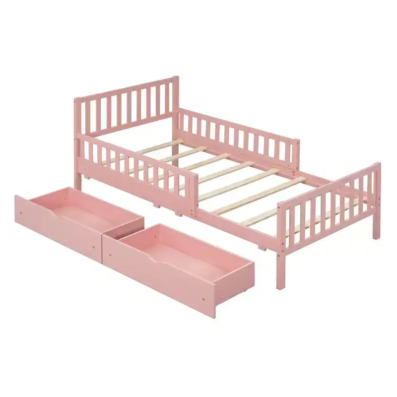 Wood Platform Bed with Guardrails for Kids, Bed Frame with 2 Storage Drawers