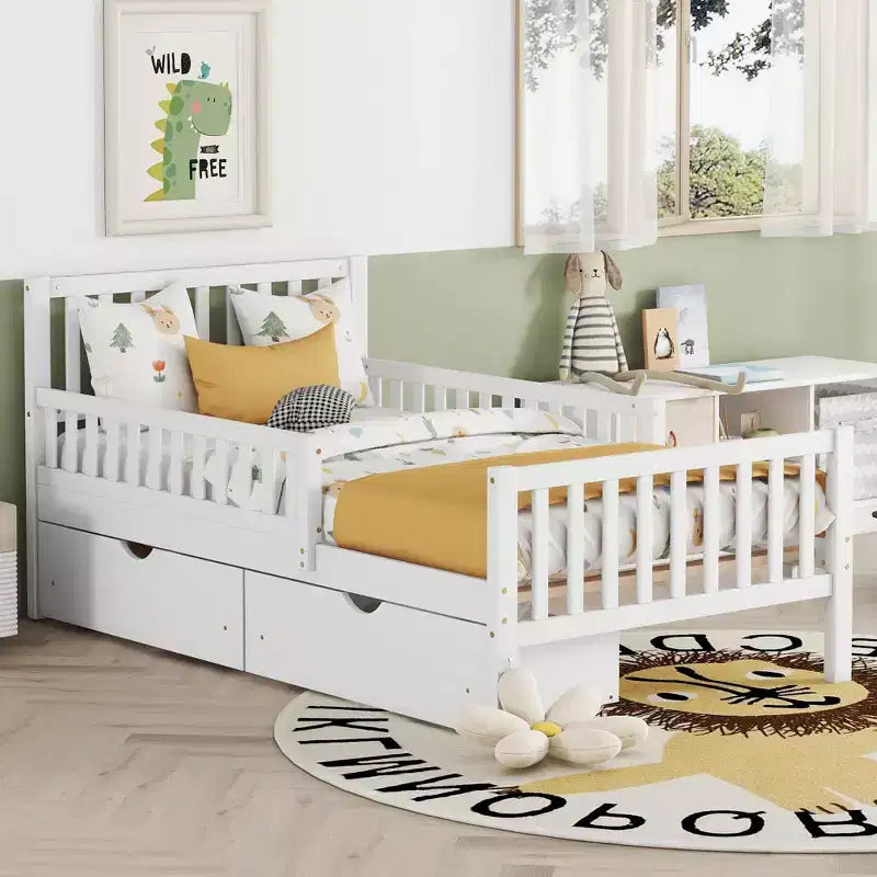 Wood Platform Bed with Guardrails for Kids, Bed Frame with 2 Storage Drawers