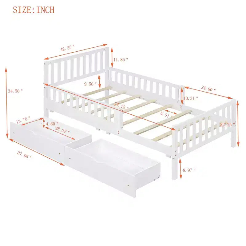 Wood Platform Bed with Guardrails for Kids, Bed Frame with 2 Storage Drawers