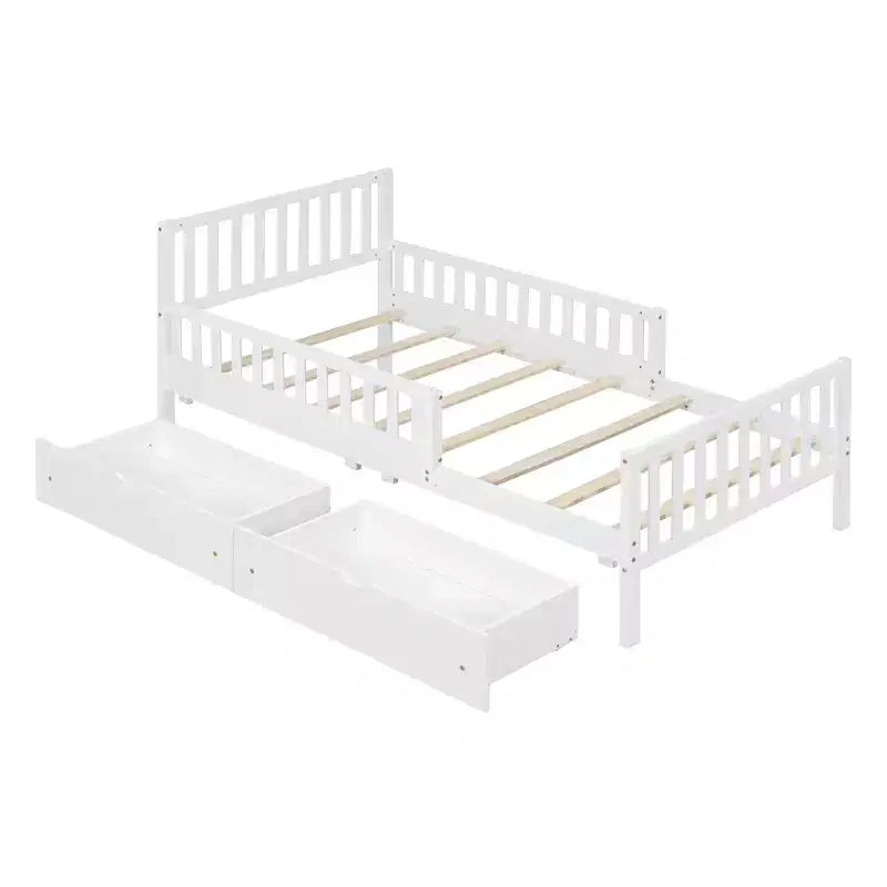 Wood Platform Bed with Guardrails for Kids, Bed Frame with 2 Storage Drawers