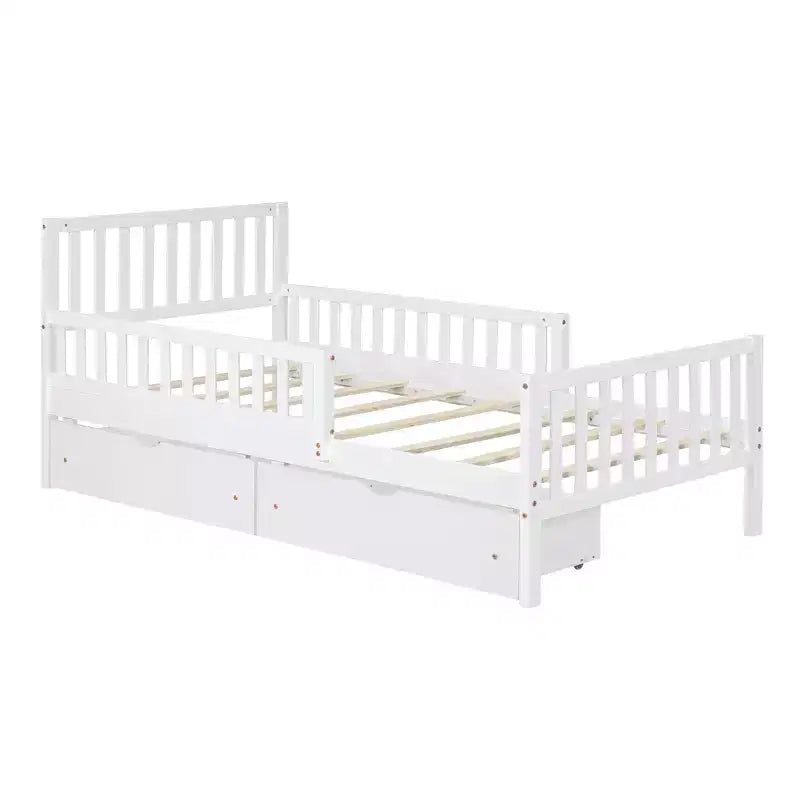 Wood Platform Bed with Guardrails for Kids, Bed Frame with 2 Storage Drawers