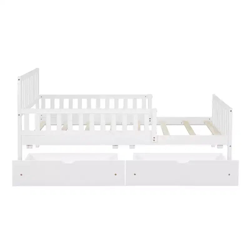 Wood Platform Bed with Guardrails for Kids, Bed Frame with 2 Storage Drawers