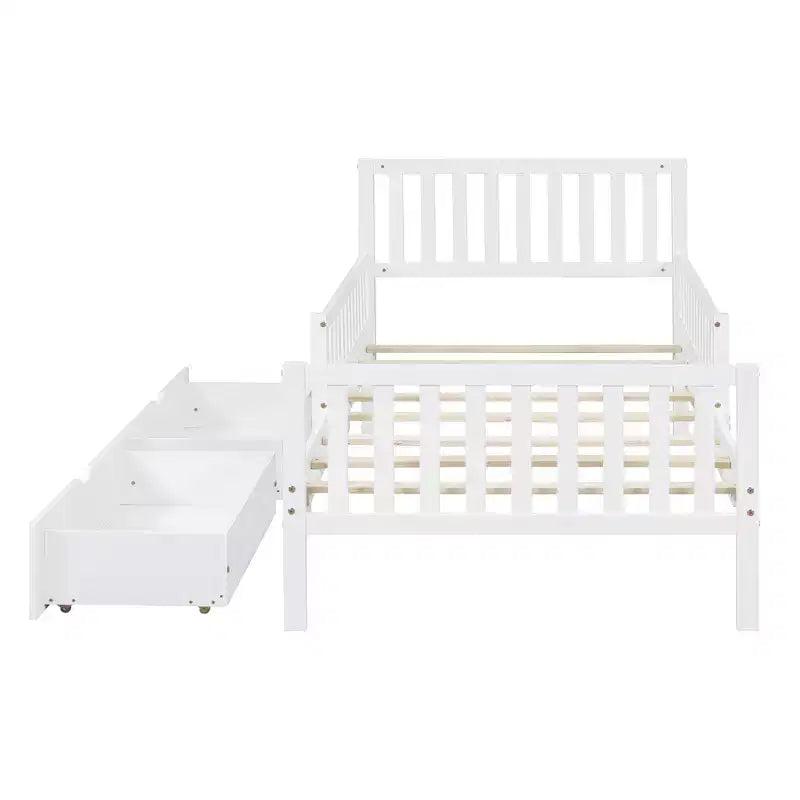 Wood Platform Bed with Guardrails for Kids, Bed Frame with 2 Storage Drawers