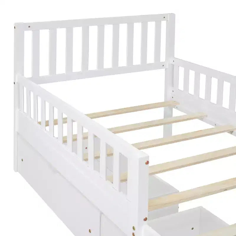 Wood Platform Bed with Guardrails for Kids, Bed Frame with 2 Storage Drawers
