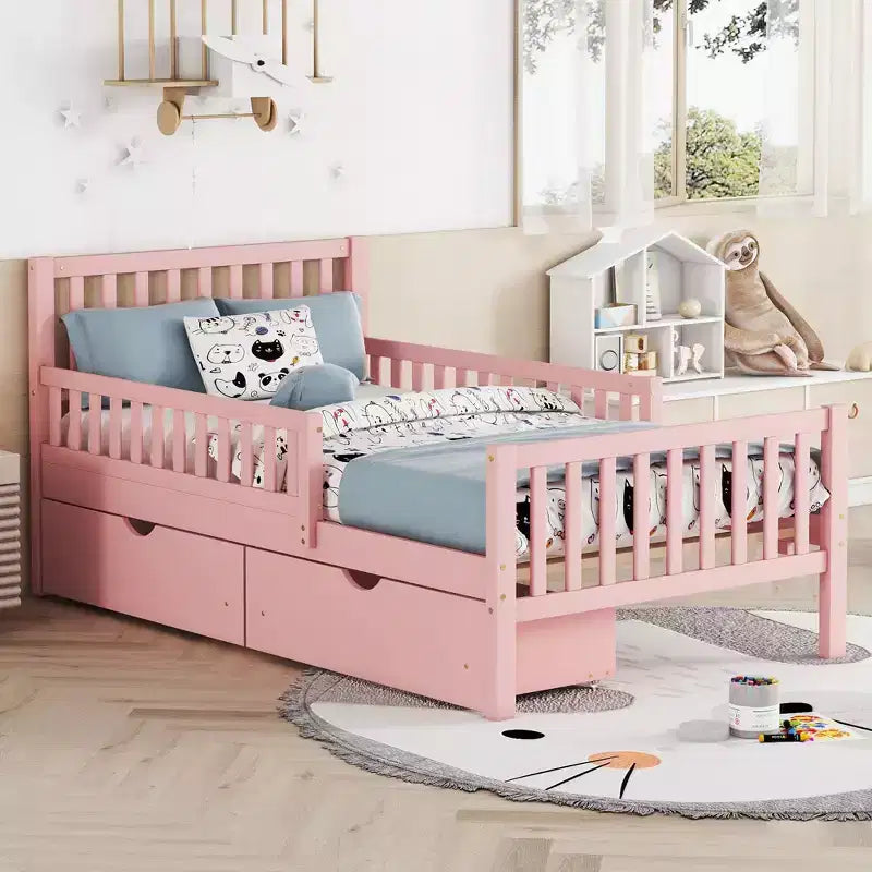 Wood Platform Bed with Guardrails for Kids, Bed Frame with 2 Storage Drawers