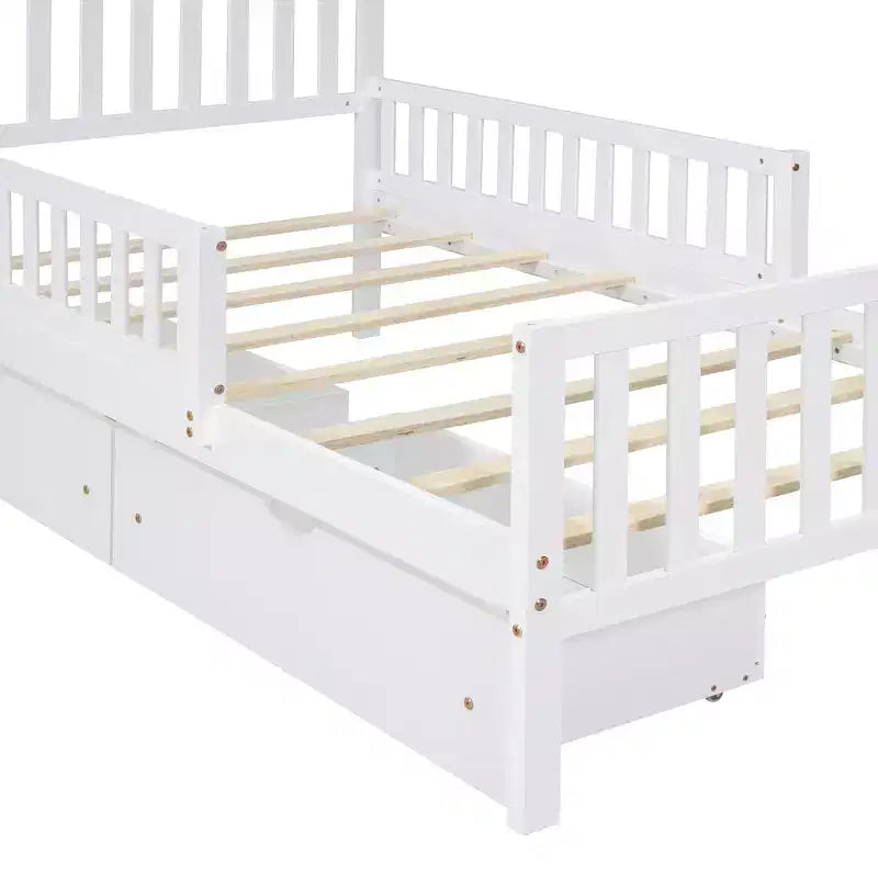 Wood Platform Bed with Guardrails for Kids, Bed Frame with 2 Storage Drawers