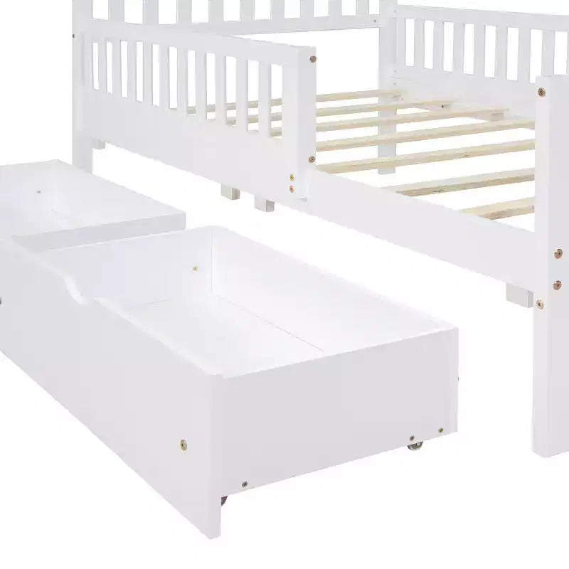 Wood Platform Bed with Guardrails for Kids, Bed Frame with 2 Storage Drawers